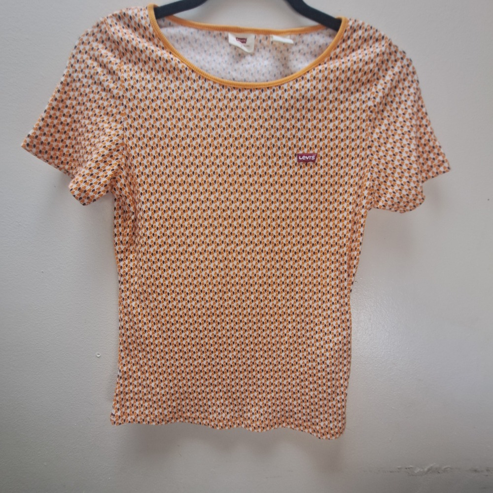 Levis The Ribbed Tee Womens Small Orange Brown Geometric Slim Fit Short Sleeve